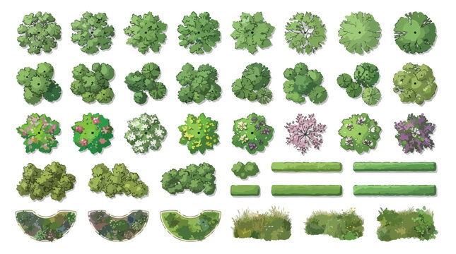 Top view landscape architecture symbols, set of 38 green tree plan icons and garden shrubs, architectural vegetation for site mapping and park design