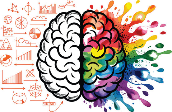 Left and right brain function concept vector illustrating analytical logical math graphs versus colorful creative art paint splashes