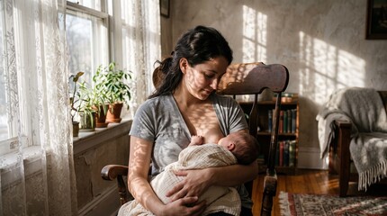 Naklejka premium A mother tenderly breastfeeding her newborn baby in a sunlit rocking chair by a window.