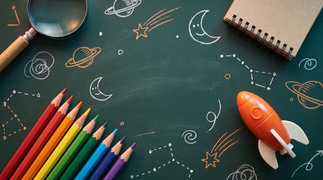 Flat lay composition of school supplies on a green chalkboard with hand-drawn space, planets, and constellations, perfect for education and science concepts.
