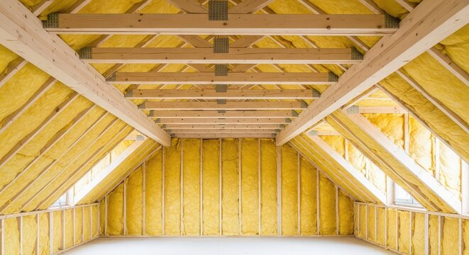 This bright and spacious attic under construction features unfinished wooden beams and yellow insulation material for a new living space, property, roof, real estate