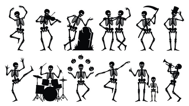 Big set of Halloween skeleton silhouettes black icons and characters. Collection of spooky skeletons dancing, playing music, juggling pumpkins, and grim reaper. Vector isolated on white background.