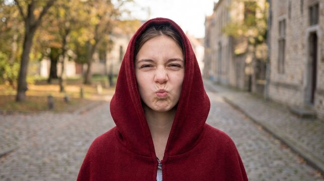 Young girl in a red hoodie making a playful pouting face while standing on a cobblestone street outdoors.