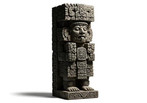Ancient Mayan stone statue, carved figure, standing sculpture, detailed reliefs, mysterious face