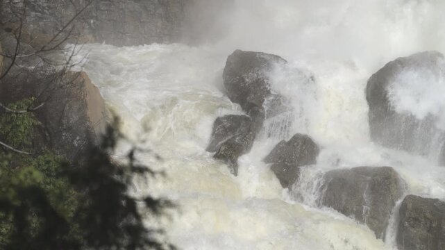 A fast-moving river channel surges violently between dark wet boulders below Inglis Falls. Overhanging green tree branches frame this spring scene in Ontario, Canada.