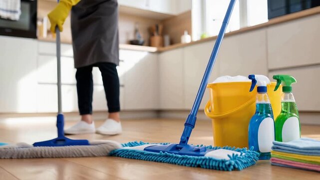 Cleaning supplies while female housekeeper mopping kitchen floor, emphasizing hygiene, professional housekeeping, 4K video