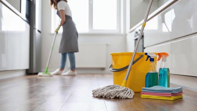 Cleaning supplies while female housekeeper mopping kitchen floor, emphasizing hygiene, professional housekeeping, 4K video