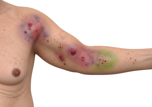 Shoulder and arm bruises with blood spots on a man's skin