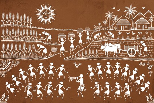 Warli Folk Art Village Harvest Scene With Farmers Bullock Cart And Dancers