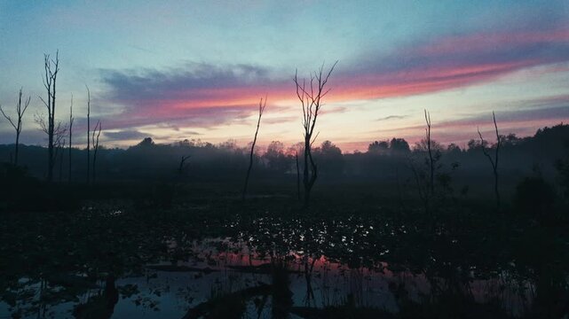 A marsh at sunset covered in fog and reflecting the colorful setting sun.