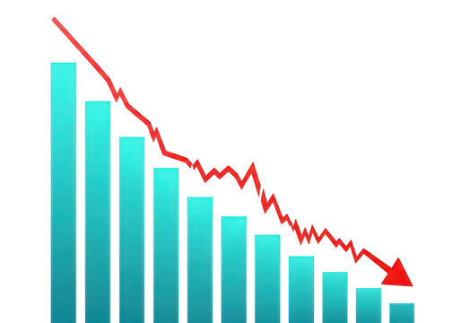 Declining bar graph with red line and arrow on transparent background