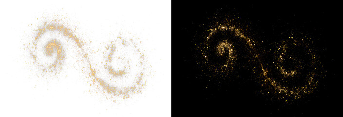 Cinematic minimalist magic dust swirl effect, abstract geometric golden glow design element. Abstract gold glitter spiral overlay, twin elegant golden stardust © Lumına Studıo