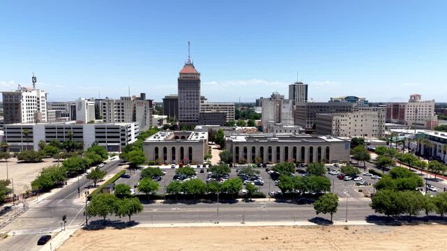 aerial accent up from the fresno california skyline