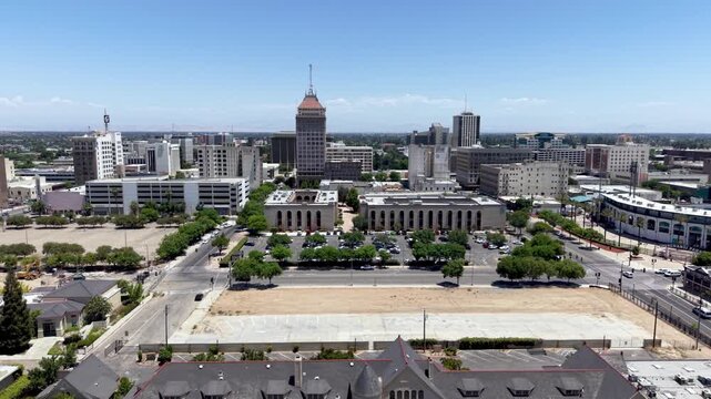 aerial pullout of the fresno california skyline