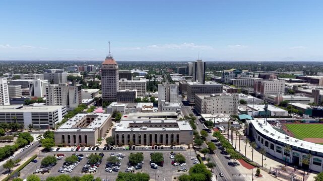 aerial pan of Fresno California Skyline