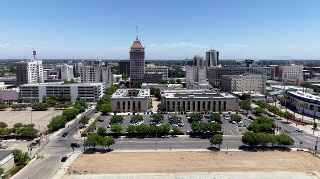 aerial push in to the fresno california skyline