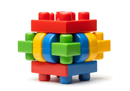 Colorful plastic building blocks toy on white background, educational and fun