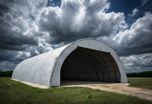 Old metal quonset hut under dramatic cloudy sky