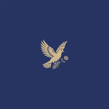 Flying Bird Carrying Hand Grenade and Flower Logo &ndash; Vintage Peace and War Symbol Vector Illustration
