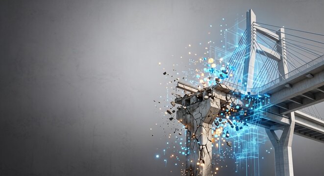 Broken bridge crumbling into digital data blocks representing infrastructure aging, digital twin simulation, and maritime DX transition