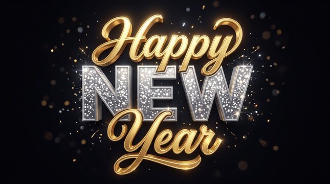 Happy new year text with gold cursive lettering and silver glitter block letters on a dark background with floating bokeh light particles and festive sparkles