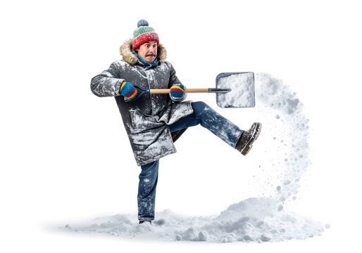 Woman shoveling snow in winter, kicking up snowflakes energetically outdoors