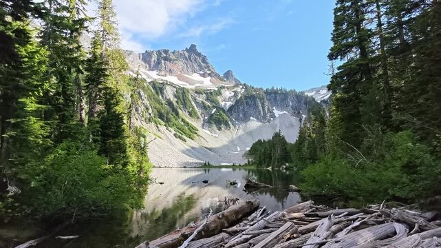 Panoramic view of alpine lake with mountain reflection and driftwood
