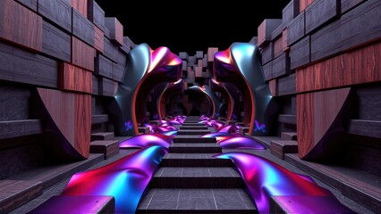 Fototapeta premium Dark corridor features vibrant neon blue, pink waves. Stone walls create depth, leading toward distant light. Futuristic design.