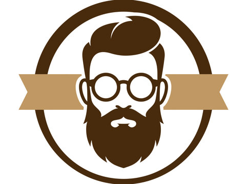 Hipster Bearded Man Logo Vector with Glasses and Ribbon Badge for Barbershop Branding