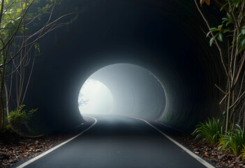 Fototapeta premium Foggy road tunnel surrounded by nature