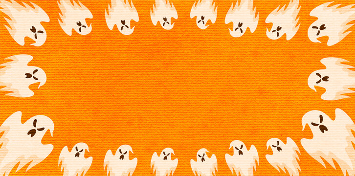 Cute spooky little ghosts framing a vibrant orange background