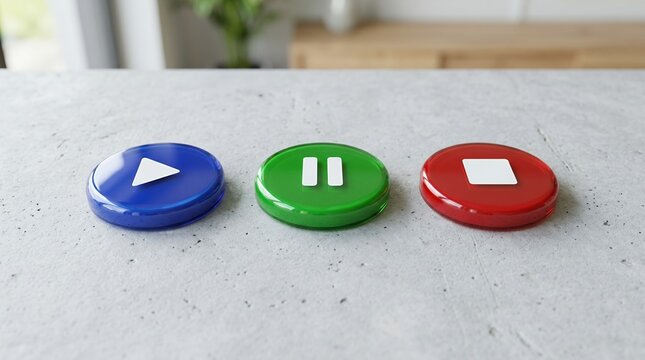 Three colorful media control buttons play pause stop on a textured surface.