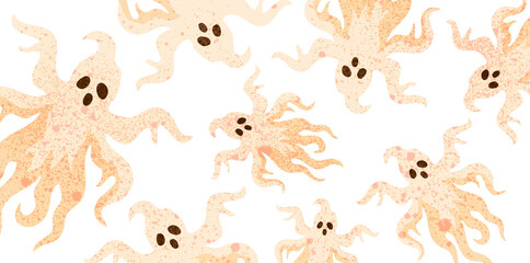 Naklejka premium Seamless pattern of creepy flying floating ghosts on white