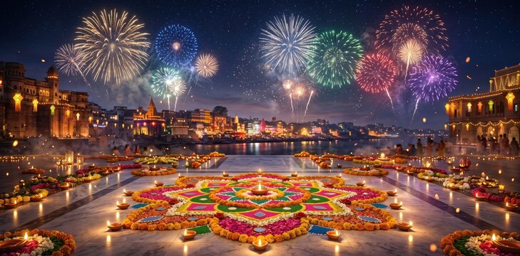Vibrant rangoli flower art celebration with fireworks over river ghats at night for festive indian cultural holiday tradition featuring glowing oil lamps and intricate colorful petal patterns display