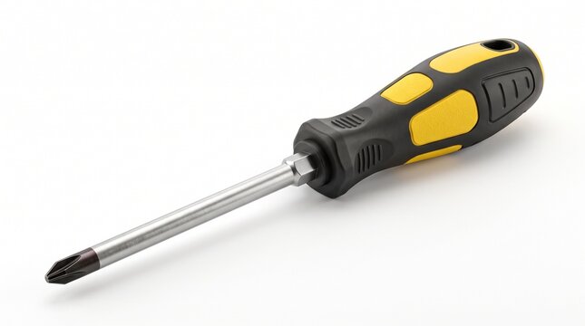 screwdriver featuring a precision cross-head tip, polished chrome vanadium steel shaft, and an ergonomic black and yellow non-slip rubber handle for enhanced grip and torque control