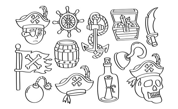 Pirate Doodle Icons Outline Coloring Page kid fun