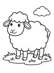 Obraz premium Cute Fluffy Sheep Standing on Green Grass Meadow Simple Black and White Line Art Drawing for Kids Coloring Page