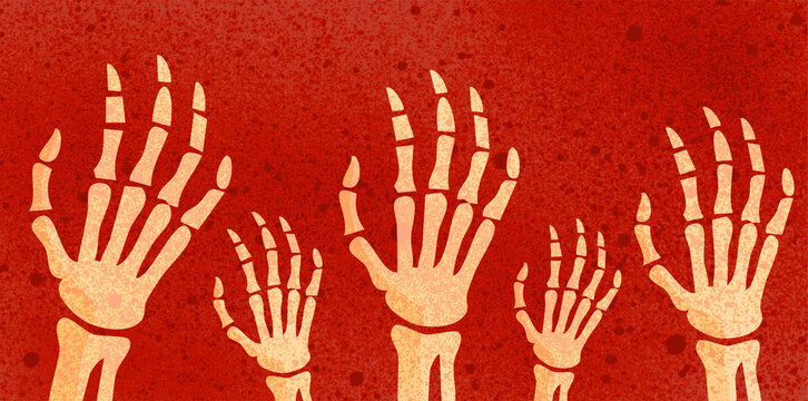 Spooky skeleton hands rising from the dark red bottom