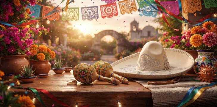 Festive mexican celebration table with sombrero and maracas under sunset sunlight featuring traditional papel picado bunting and vibrant floral decorations in a warm outdoor courtyard setting