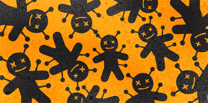Creepy voodoo dolls pattern over a plain orange background