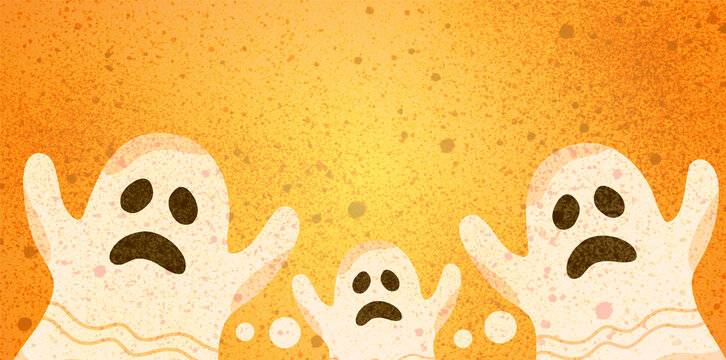 cute cartoon ghost figures floating on bright yellow backdrop