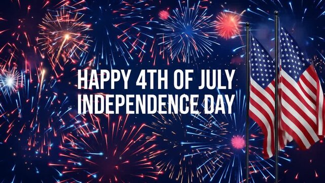 Vibrant fireworks display with American flags for Independence Day celebrations.