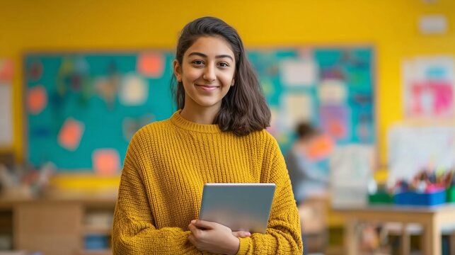 Confident young learner holding a tablet in classroom for World Youth Skills Day empowerment and growth