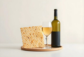 Fototapeta premium Matzah and white wine on wooden tray for Passover