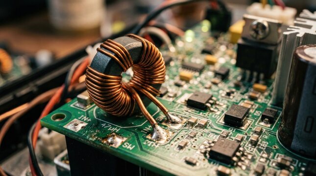 Electronic circuit board with copper toroid inductor coil.