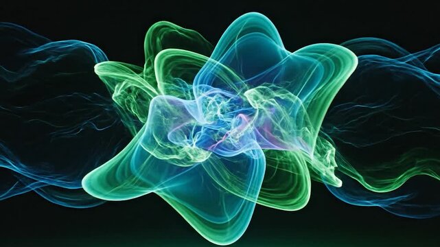Green and blue abstract energy waves reaching towards each other on a black background