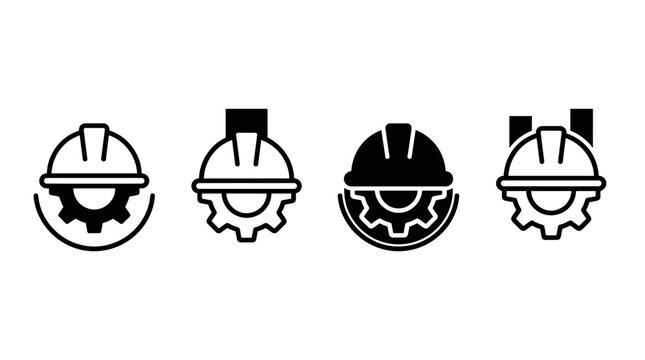 Stylized construction helmet icons merged with gears, representing engineering, construction, industry, safety, mechanical work, industrial identity, logo variations.