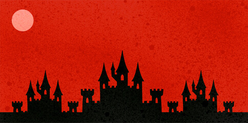 dark spooky castle silhouette under full moon red sky © foxndeer