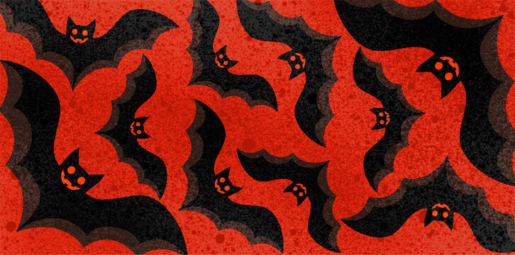 flying black bats pattern texture on red grunge background