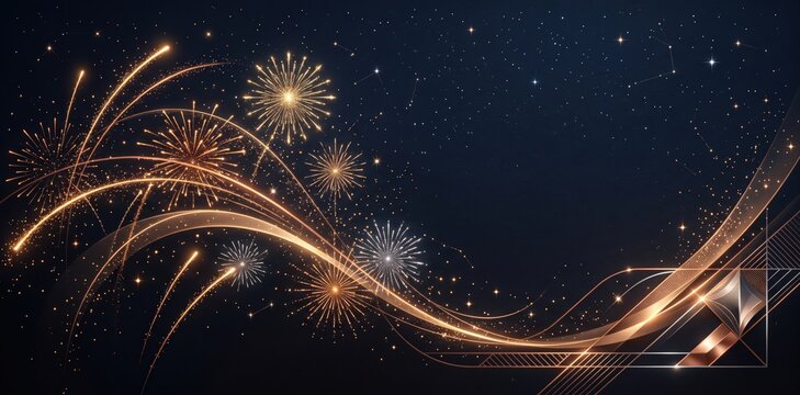 Elegant golden fireworks and abstract flowing light lines on a deep navy blue background for sophisticated celebration designs and festive holiday greeting card templates with luxurious style